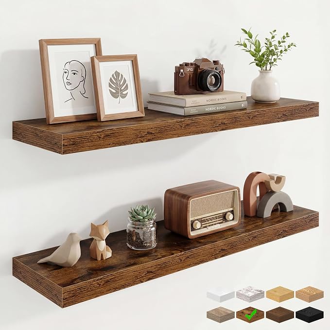 9.25in Depth 36in Floating Shelves, 36x9.25x1.4, Rustic Brown, Set of 2 | Wall Mounted Engineered Wood Shelves, Invisible Brackets for Living Room, Bedroom, Bathroom, Kitchen Decor and Storage