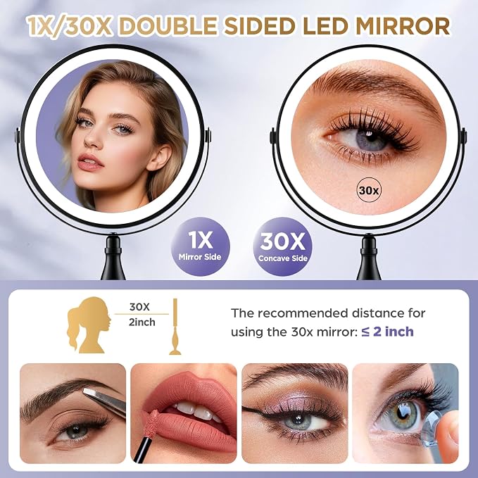 30X Magnifying Mirror with Lights-Matte Black 8" Dual Sided | (1X/30X) Lighted Makeup Mirror, 360° Swivel, 5000mAh Rechargeable Side Touch & Side Charging, 3 Colors & Dimmable Brightness