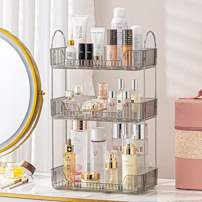 3 Tier Bathroom Counter Organizer Countertop Storage, Cosmetics Skincare Shelf Organizer, Makeup Organizer Perfume for Dresser Vanity Tray, Spice Rack Organizer for Kitchen - Gray