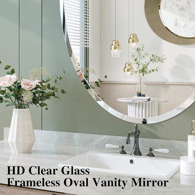 Frameless Oval Mirror, 18"x26" Beveled Bathroom Vanity Mirrors | 20mm beveled edge, 5mm HD glass, frameless, anti-rust, shatterproof, french cleat, horizontally or vertically