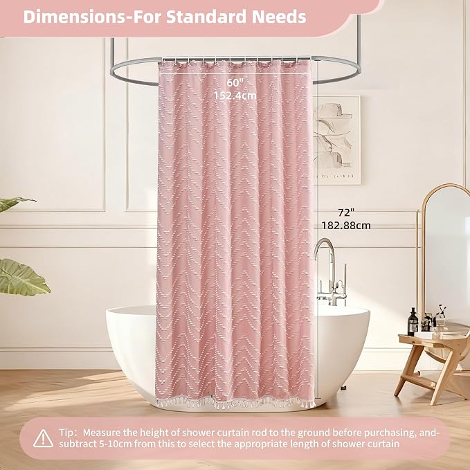 Siiluminisoy Pink Boho Shower Curtain White Tassel Woven Fabric Cute Shower Curtain 60 x 72 Modern Farmhouse Textured Tufted Chevron Striped Minimalist for Bathroom