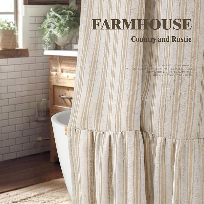 Farmhouse Shower Curtain Ruffle Linen Cream-Beige Stripe 72"W x 72"L | Farmhouse Boho, Striped, Bottom Ruffle, Linen Fabric, Rustic, Country, Natural Look, Washable, for Bathroom Bathtub