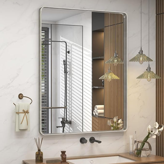 24x32 Inch Brushed Nickel Bathroom Vanity Mirror | Silver Metal Frame Mirror, Rounded Rectangle, Shatterproof, Anti-Rust, Hangs Horizontally or Vertically