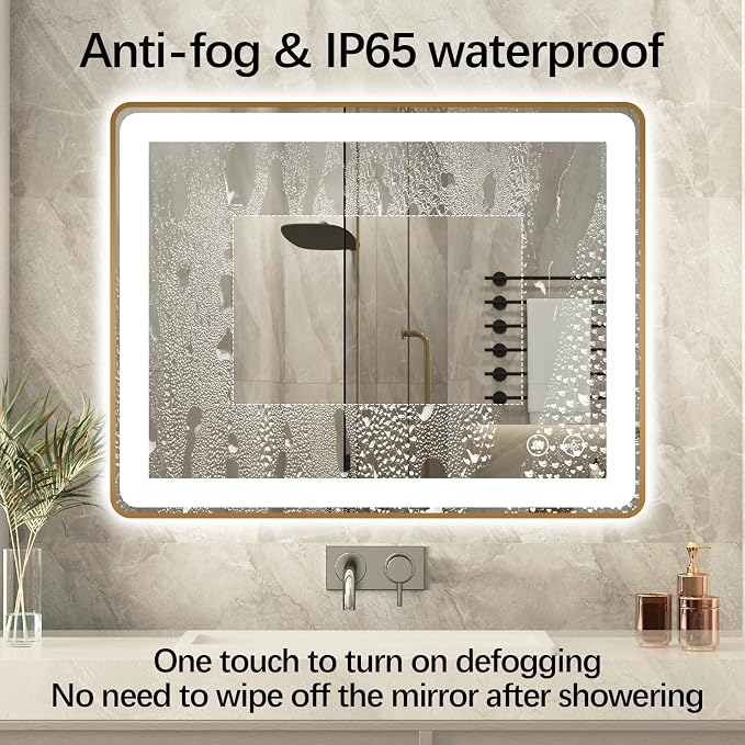Niccy LED Bathroom Mirror, 32"x20", Gold, Rectangle Wall Mounted | Metal Frame, Anti Fog, Dimmable Smart Mirror, Horizontal or Vertical, For Bathroom/Bedroom/Livingroom/Entryway