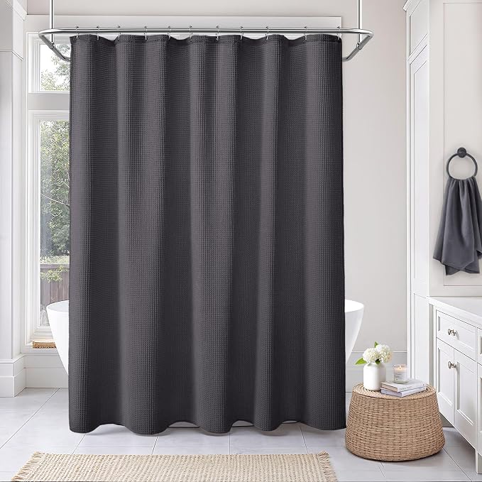 Waffle Weave Shower Curtain Heavyweight Cotton Fabric Charcoal Gray 72Wx75L | Soft Cotton Cloth,3D Square Truely Waffle,Washable, Hotel Luxury Spa, Shower Curtains for Narrow Bathroom 12 Plastic Hooks