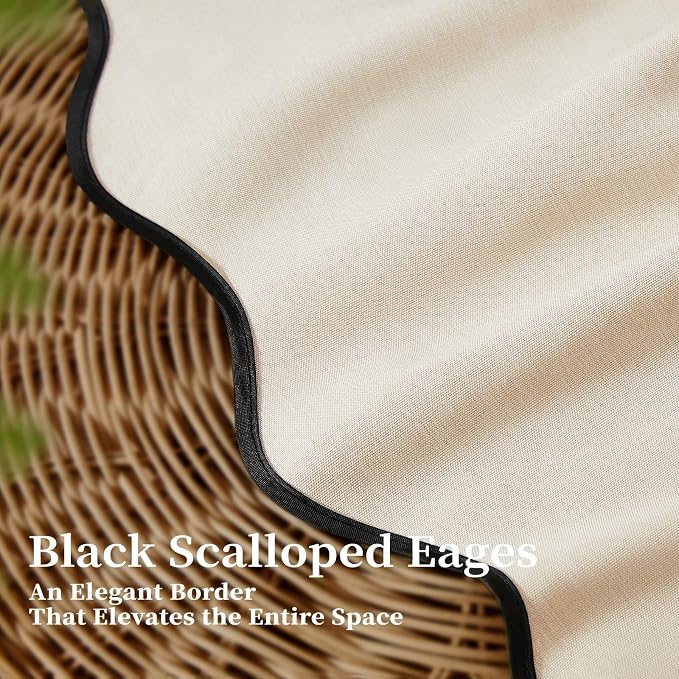 72x80 Boho Scalloped Linen Textured Cloth Shower Curtain, Beige/Cream | Long Size, 230GSM Waterproof Polyester, Heavy Duty Fabric, 12 Plastic Hooks, Elegant Modern Farmhouse Style, Machine Washable
