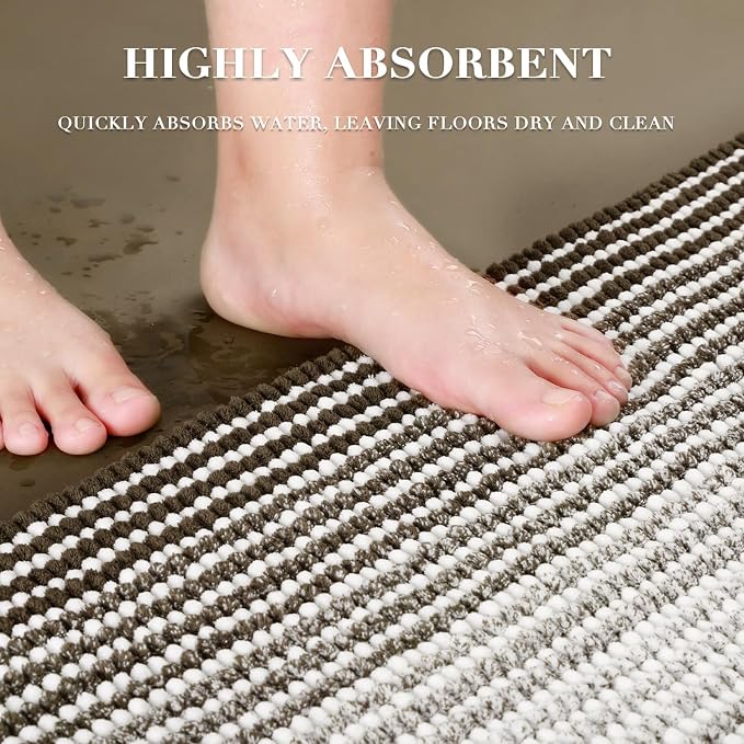 Bathroom Rugs and Mats Sets, 2 Piece Thick Absorbent Chenille Bath Mat Rug Set Non Slip, Soft Shaggy Bath Room Floor Mats for Bathroom, Machine Washable (Latte, 20" x 60" Plus 20" x 32")