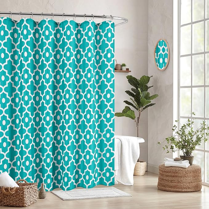 Biscaynebay Extra Long Textured Fabric Shower Curtains 72" W x 84" L, Turquoise Morocco Pearl Printed Hotel Spa Luxury Decorative Bathroom Curtain Machine Washable