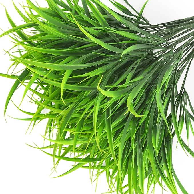 16 Pcs Artificial Plants Outdoor Fake Greenery Stems, Green | Faux grass, UV resistant, plastic plants shrubs, autumn Thanksgiving garden pathway window farmhouse front porch home decor