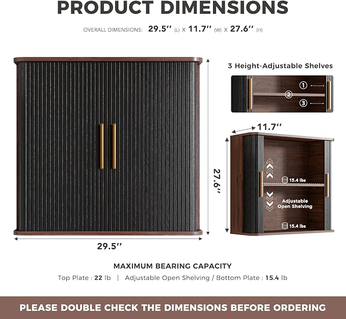FIMELLO 29.5" W Bathroom Wall Cabinet, Laundry Room Cabinets Wall Mounted with Sliding Tambour Door, Kitchen Wall Cabinet, Floating Cabinet for Wall, Upper Cabinets, Black Walnut