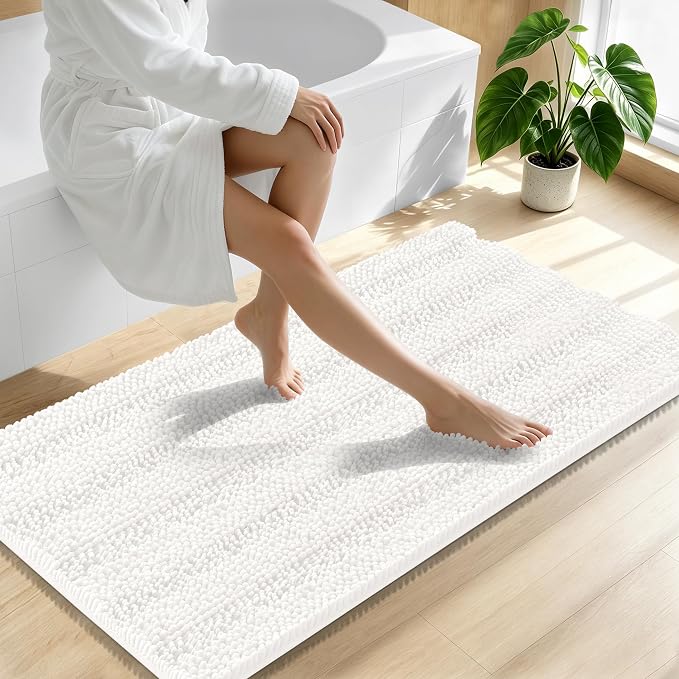 Smiry Thick Chenille Bathroom Runner Rugs 59x20, Absorbent Bath Mat, Ivory | Quick‑Dry & Machine Washable, Non‑Slip Bath Carpet, Soft Striped Bath Rugs for Tub & Shower, Modern Home Decor Accessories