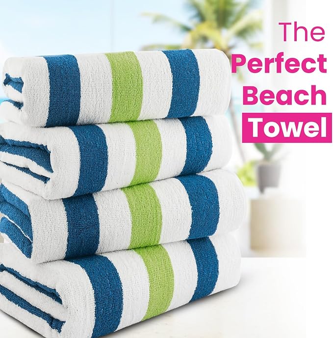 CASA COPENHAGEN Monaco Beach Towels Designed in Denmark Rough and Tough, Quick Dry, for Pool, Bath & Shower 30x60 inches 4 Pieces Cotton Beach Bath Towels Set - Grass Green