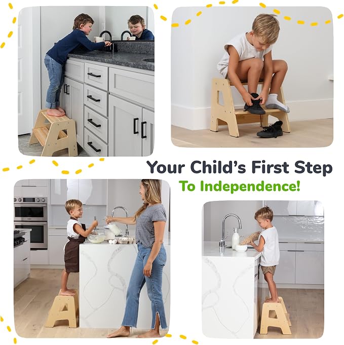 2-Step Wooden Toddler Step Stool for Bathroom Sink & Kitchen Use -Varnished | Non-slip steps and padded feet for extra stability. Lightweight to carry, safely supports ages 2+ and adults up to 250 lbs.