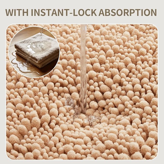 Bathroom Rugs Non Slip Washable, Extra Thick Soft Chenille Absorbent Bath Mat, High Density Barrier Non Slip Backing, Quick Dry Plush Shaggy Floor Carpet for Tub&Shower 24x17, Beige