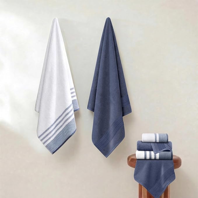 Modern Threads 6-Piece Towel Set – 100% Cotton, Quick Dry, Ultra Absorbent – Includes 2 Bath, 2 Hand, 2 Washcloths (White/Reinhart Blue)