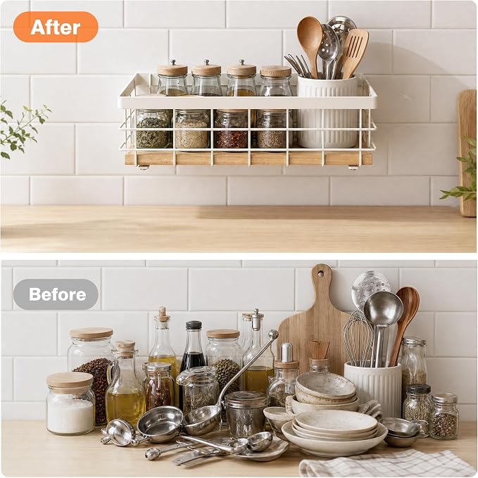 TJ.MOREE Small Metal Wire Basket, Decorative Wood Base Organizer for Bathroom, Kitchen, Basket for Toilet Paper Storage, Sugar Packet, Coffee Syrup, Guest Towel Napkin, White 2-Pack