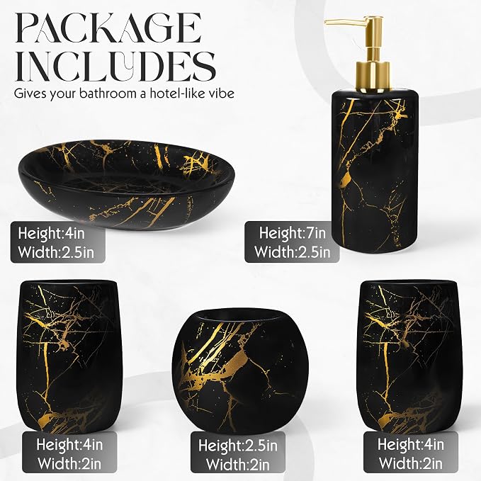Ceramic Bathroom Accessory Set, 5-Piece Bathroom Accessory Set, Soap Dish, Toothbrush Holder, Soap Dispenser, Bathroom Tumbler & Candle Holder - Modern Bathroom Organizer, (Black & Gold)