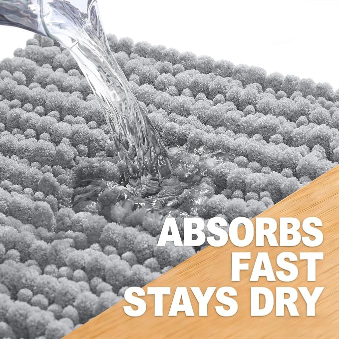 OLANLY Bathroom Runner Rugs 70x24, Thick Soft Absorbent Chenille Bath Rugs | Light Grey, Quick-Drying Rubber Backing, Long Shaggy Bath Mat, Washable for Floor, Tub and Shower, Home Decor Accessories
