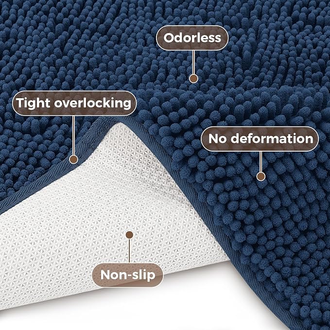 Bcoimo Bath Rug Mat Set, 2 Piece Thick Absorbent Chenille Bathroom Mat Navy | Non Slip with Rubber Backing Bathroom Rugs set; Machine Washable;Extra Soft Bath Rug;High Absorbent、Quick Dry Microfiber mat