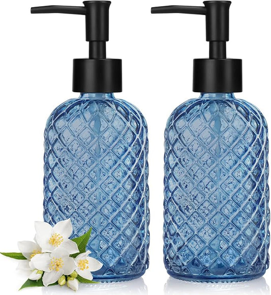 2 Pack Gem Glass Soap Dispenser with Black Plastic Pump, 13oz Liquid Hand Soap Dispenser, Rustproof Pump for Kitchen & Bathroom, Great for Lotions, Essential Oil, Liquid Soaps-Blue