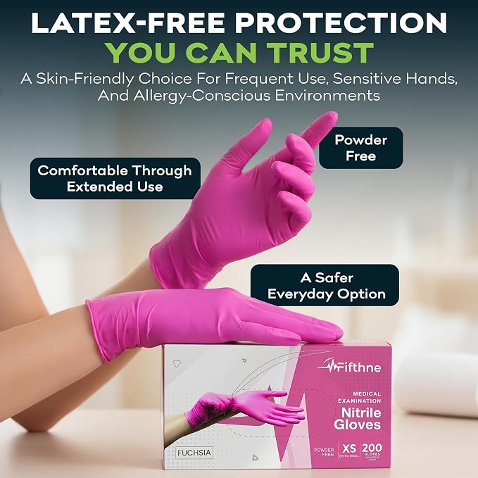 FifthPulse Fuchsia Hot Pink Nitrile Disposable Gloves -3 Mil Medical Exam Nitrile Gloves -Powder and Latex Free