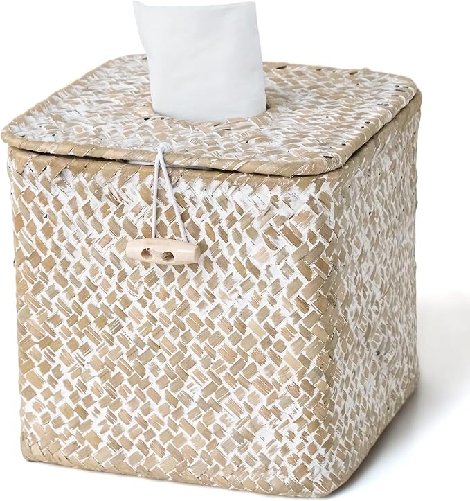 Seagrass Tissue Box Cover Square, Woven Wicker Tissue Box Holder, Whitewash | With Lid, Natural Seagrass, Handwoven, Boho Decor, Decorative Facial Cube Tissue Cover Holder for Bathroom Office Table