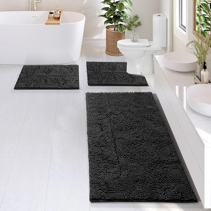 Hearth & Harbor Bathroom Rugs, Chenille Bath Mat - Machine Washable Bath Mats for Bathroom Non-Slip Backing Rubber, Quick Dry Mat - Black Bath Rug, 17x24-26x44-20x24