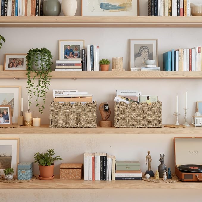 StorageWorks Wicker Storage Baskets for Shelves, Woven Basket for Nursery | Scalloped Wicker Basket for Living Room, Decorative Scalloped Baskets for Storage, Wicker Baskets for Organizing and Decor