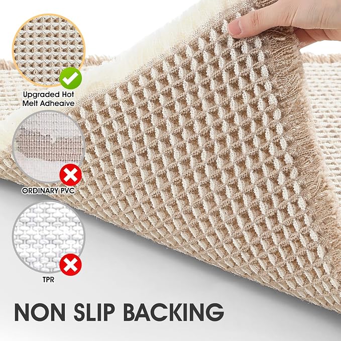 Waffle Bath Mat Brown & Cream 4'x2', Boho Woven Modern Bath Mat Rugs, Absorbent Non Slip Bathroom Rugs, Soft Washable Bath Rugs with Tassels for Bathroom, Bedroom, Kitchen, Shower, Tub