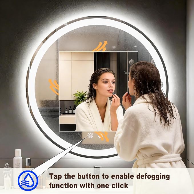 LTFUUAI 24" Round LED Bathroom Mirror with Lights, Front & Back Light | Lighted Bathroom Mirror, Touch 3-Color Stepless Dimming, Wall Mounted, Anti-Fog Shatterproof, UL Listed