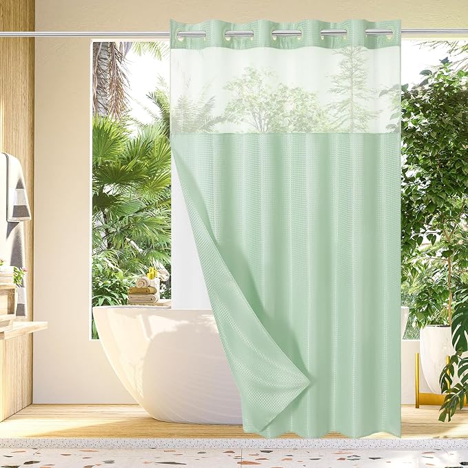 No Hook Cloth Mint Green Shower Curtain with Liner, 72x86 | Snap-in Fabric Liner, Hotel Style with Mesh Top Window, Waterproof Coating, Machine Washable, Rustproof Grommets