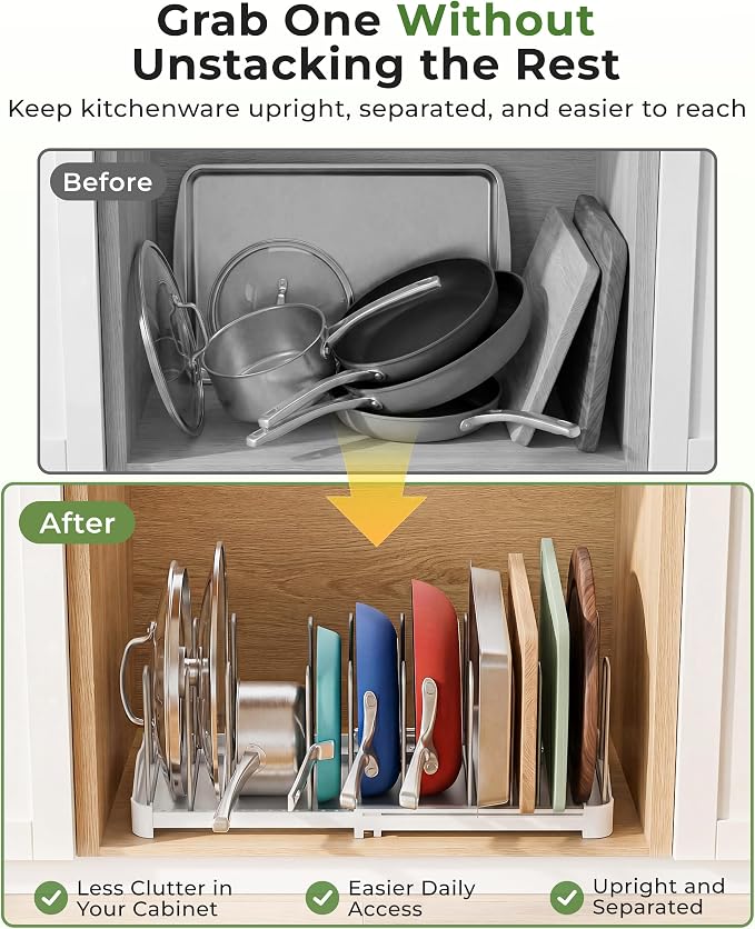 EVERIE Adjustable Cabinet Organizer for Pot Lids, Bakeware, Cookie Sheets & Cutting Boards, Upright Storage Rack for Kitchen Cabinet, Stable Dividers, 9.7" Deep, 12.6" to 21.5" Wide, GS02SS | 5mm Steel Dividers, Anti-Wobble, M-Slot for Lid Handles, BPA...