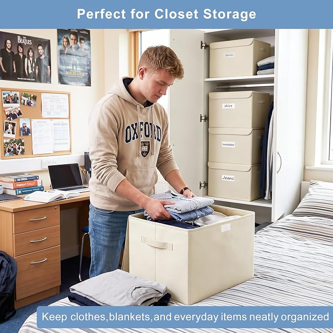 Large 42 Quarts Collapsible Stackable Storage Bins Cube with Lids [3-Pack] Foldable Fabric Linen Storage Boxes, Closet Organizer Baskets with Label for Home (16.7 x 12 x 12, Beige)