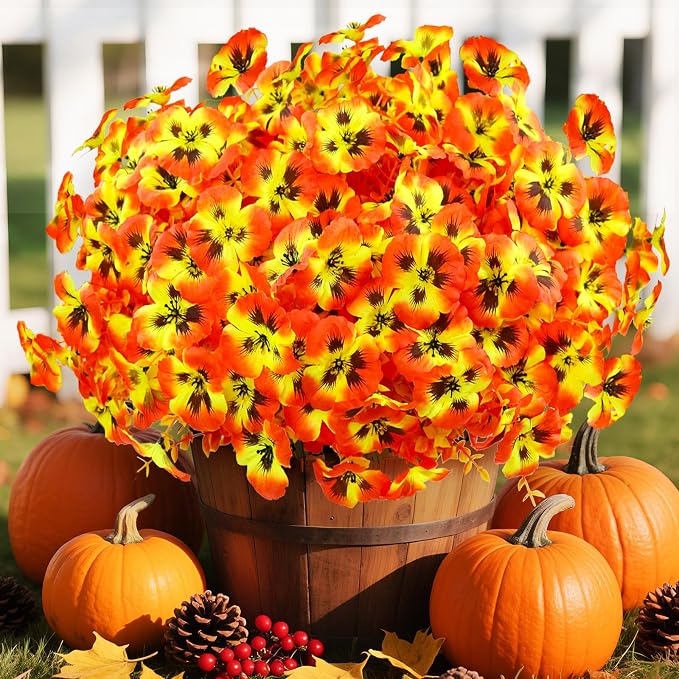 16PCS Artifcial Fall Flowers for Outdoors, No Fade Silk Pansies | Realistic Sunset Autumn Artificial Flowers, Porch Yard Fall Decor, Thanksgiving & Harvest Home Decorations