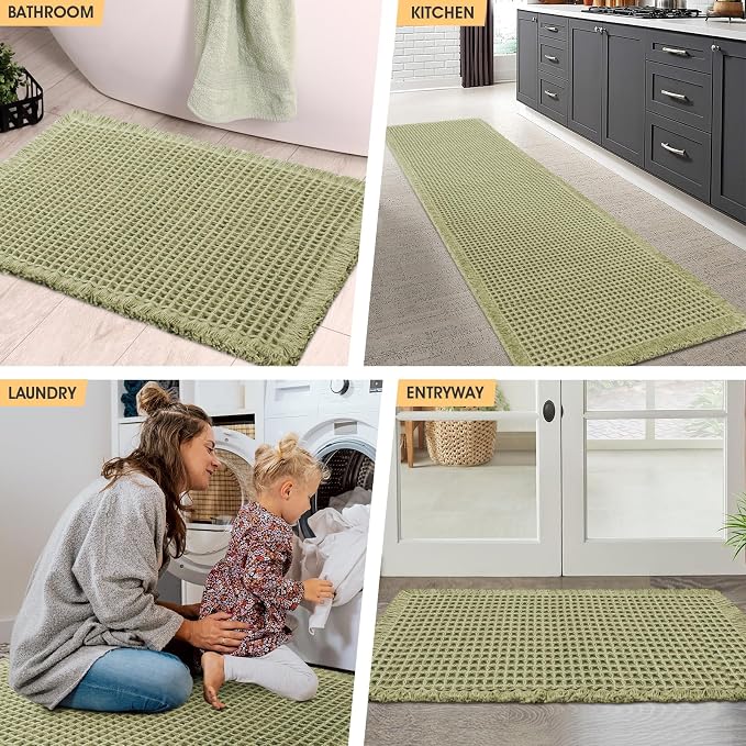 Waffle Runner Rug Green 5'x2', Boho Woven Modern Bath Mat Rugs, Absorbent Non Slip Bathroom Rugs, Soft Washable Bath Rugs with Tassels for Bathroom, Bedroom, Kitchen, Shower, Tub