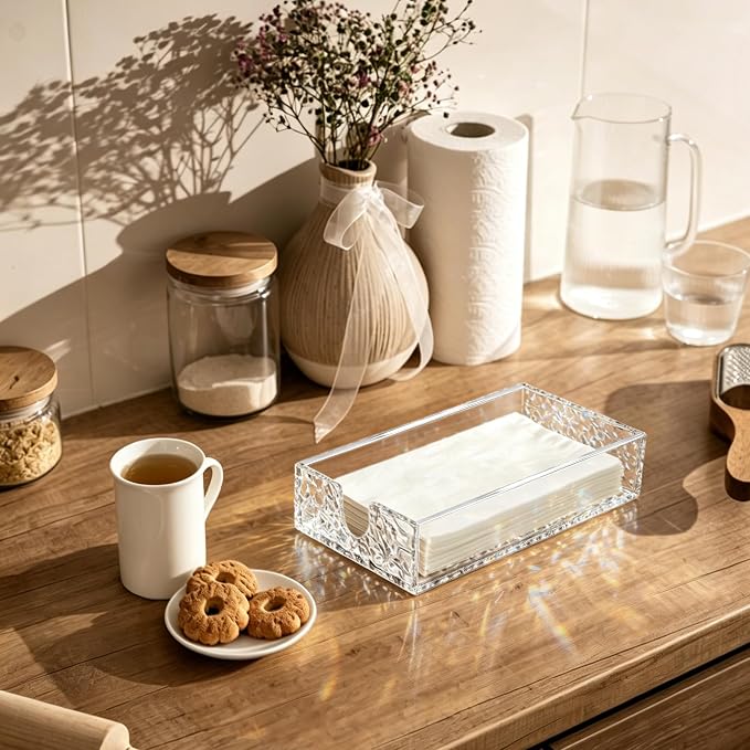 Acrylic Napkin Holder, 9x5.5x1.8 Inch, Paper Towel Holder, Rectangle | Water Ripple Texture, Napkin Tray for Kitchen Dinner Hotel, Table Clear Hand Towel Holder, Bathroom Accessories