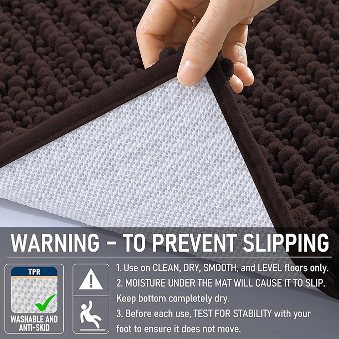 OLANLY Large Bathroom Rugs 59x35, Thick Soft Absorbent Chenille Bath Rugs | Brown, Quick-Drying Rubber Backing, Shaggy Bath Mat, Machine Washable for Floor, Tub and Shower, Home Decor Accessories