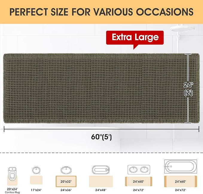 Waffle Bath Mat Olive Green 5'x2', Boho Woven Modern Bath Mat Rugs, Absorbent Non Slip Bathroom Rugs, Soft Washable Bath Rugs with Tassels for Bathroom, Bedroom, Kitchen, Shower, Tub