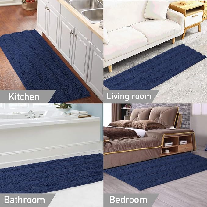 Turquoize Chenille Bath Rugs Shaggy Bathroom Rugs Non Slip Bath Rugs for Bathroom 47 x 17 Navy Bath Rug Extra Soft and Absorbent Area Rug, 47"x 17", Navy