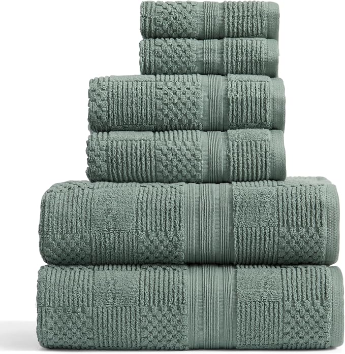 100% Cotton Bath Towel Set | 6-Piece Set | Textured | Green | Luxury Geometric Design | Absorbent & Quick-Dry Bathroom Towels | Textured and Durable Cotton Towels for Bathroom | OEKO-TEX