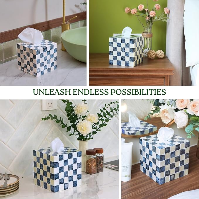 5.5" Capiz Square Tissue Box Cover, Cube Tissue Holder, Navy | Bottom Slider, Checkered Pattern, Navy Blue Tissue Box Cover For Kleenex, Decorative Tissue Box Cover, Bathroom Accessories