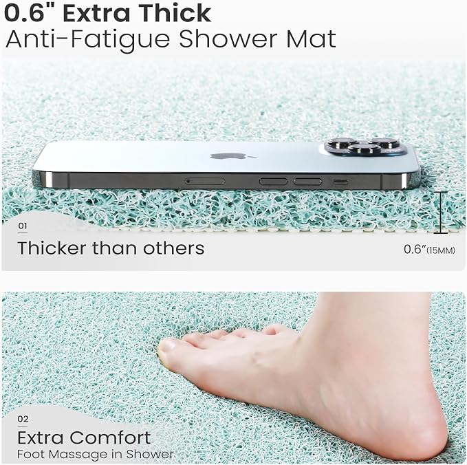0.6" Extra Thick Non Slip Shower Mat, PVC Loofah Shower Mat with Drain, Quick Drying Bath Mat for Inside Shower, Bathtub Mats Foot Scrubber for Elderly, Bathroom, Kitchen, Wet Areas, 27x16 Inches