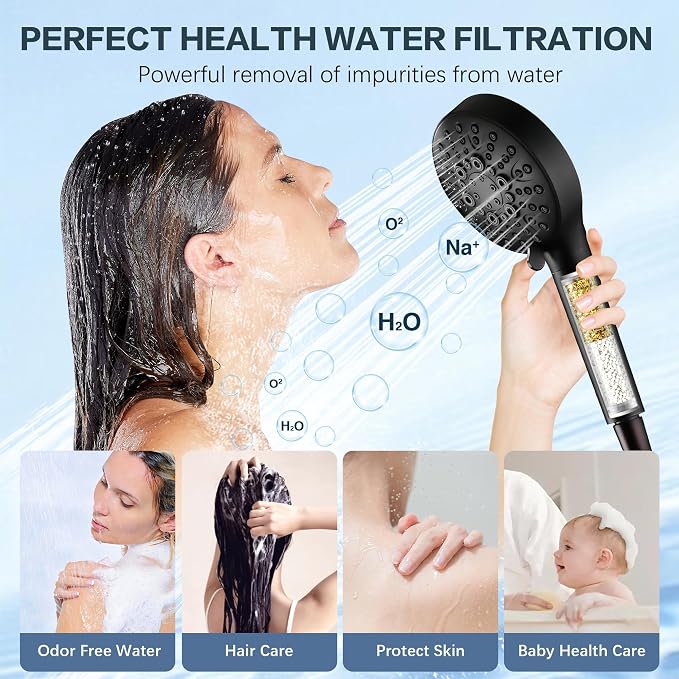 BRIGHT SHOWERS Filtered Shower Head with Handheld, High Pressure 9 Spray Mode Showerhead with Long Hose and Bracket, Water Softener Filters Beads for Hard Water - Removes Chlorine, Matte Black