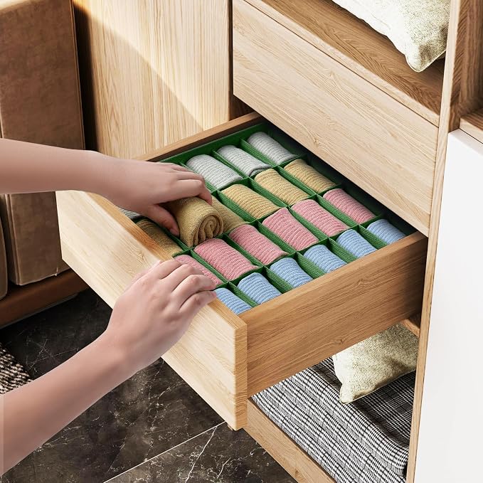 joyoldelf Sock Drawer Organizer Divider 4 Packs Underwear Organizer, 24 Cell Closet Organizers and Storage Organizer Sock Holders Organizers for Storing Socks, Handkerchiefs, Ties, Belts (Green)