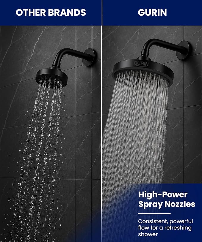 Shower Head - Luxury Matte Black Finish - Rain Showerhead 6 Inch | High Pressure Shower Heads with Adjustable Angles, 90 Anti-Clog Nozzles, Tool-Free 1-Min Install