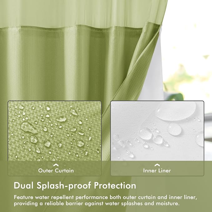 No Hook Shower Curtain with Snap-in Liner, Embossed Waffle Design Fabric Shower Curtain for Bathroom, Soft & Lightweight, 71x74, Sage Green