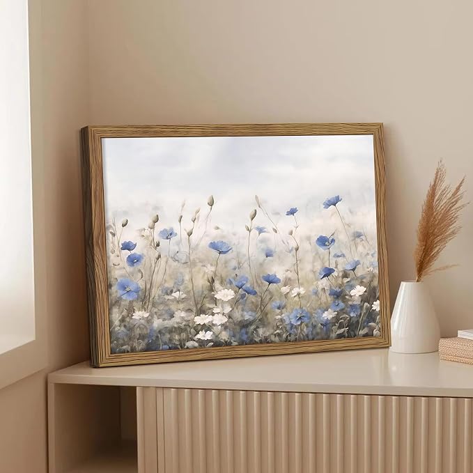 Vintage Floral Wall Art, Blue White Wildflower Botanical Canvas Wall Decor, Nature Landscape Artwork Painting, Rustic Farmhouse Flower Prints Pictures for Bedroom Living Room 16x24 Inch Framed