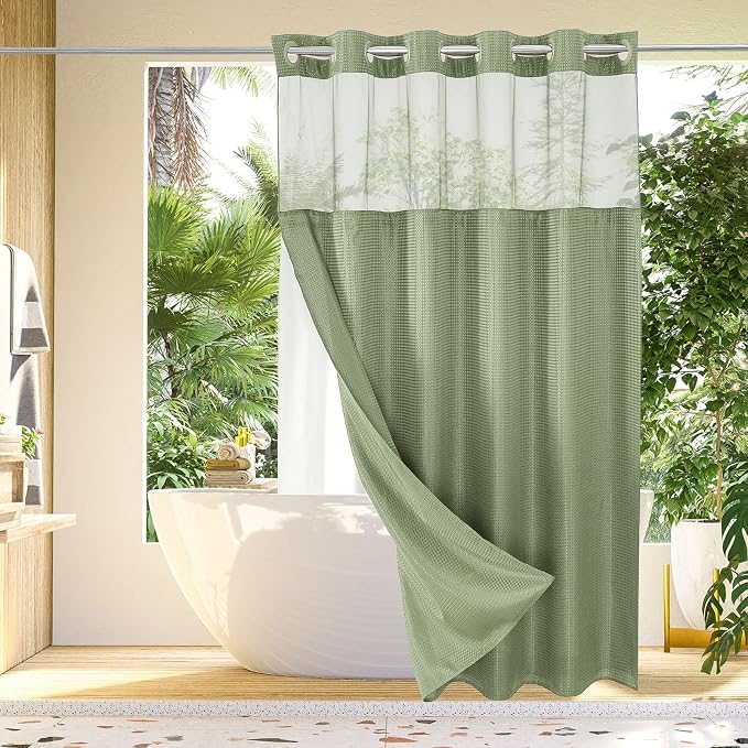 No Hook Cloth Green Shower Curtain with Liner, 72x74 | Snap-in Fabric Liner, Hotel Style with Mesh Top Window, Waterproof Coating, Machine Washable, Rustproof Grommets