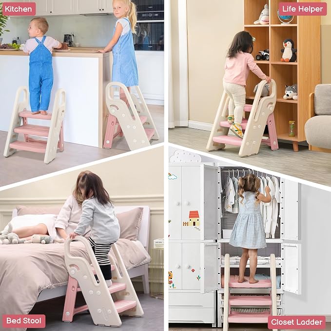Foldable Toddler Step Stool for Bathroom Sink, Adjustable 3 Step Stool for Kids Toilet Potty Training Stool with Handles, Child Kitchen Counter Stool Helper, Plastic Ladder for Toddlers Pink