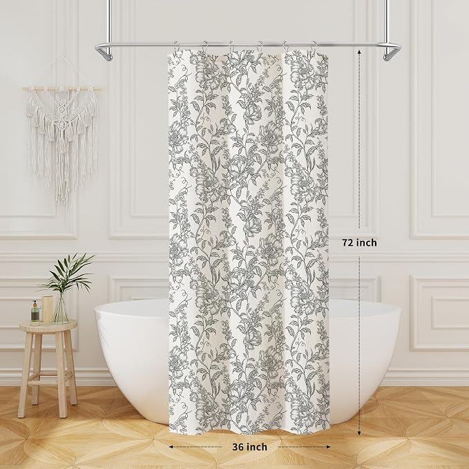 Black Boho Linen Shower Curtain, Farmhouse Floral for Bathroom | Botanical floral print. Rustic farmhouse boho decor. Durable linen blend fabric. Machine washable for easy care. 36x72